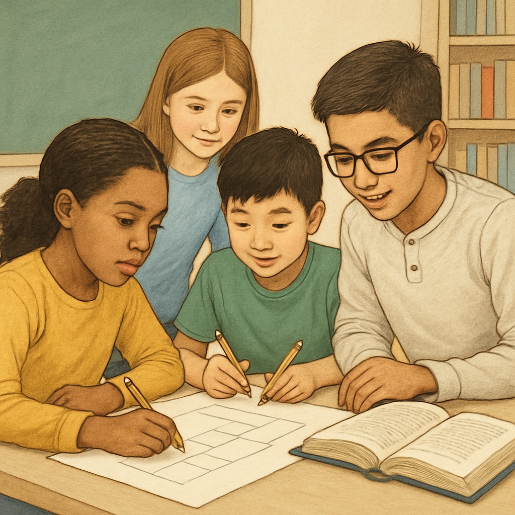 A group of diverse K12 students collaborating on a project, symbolizing global education. K12 students working together, representing global education opportunities.