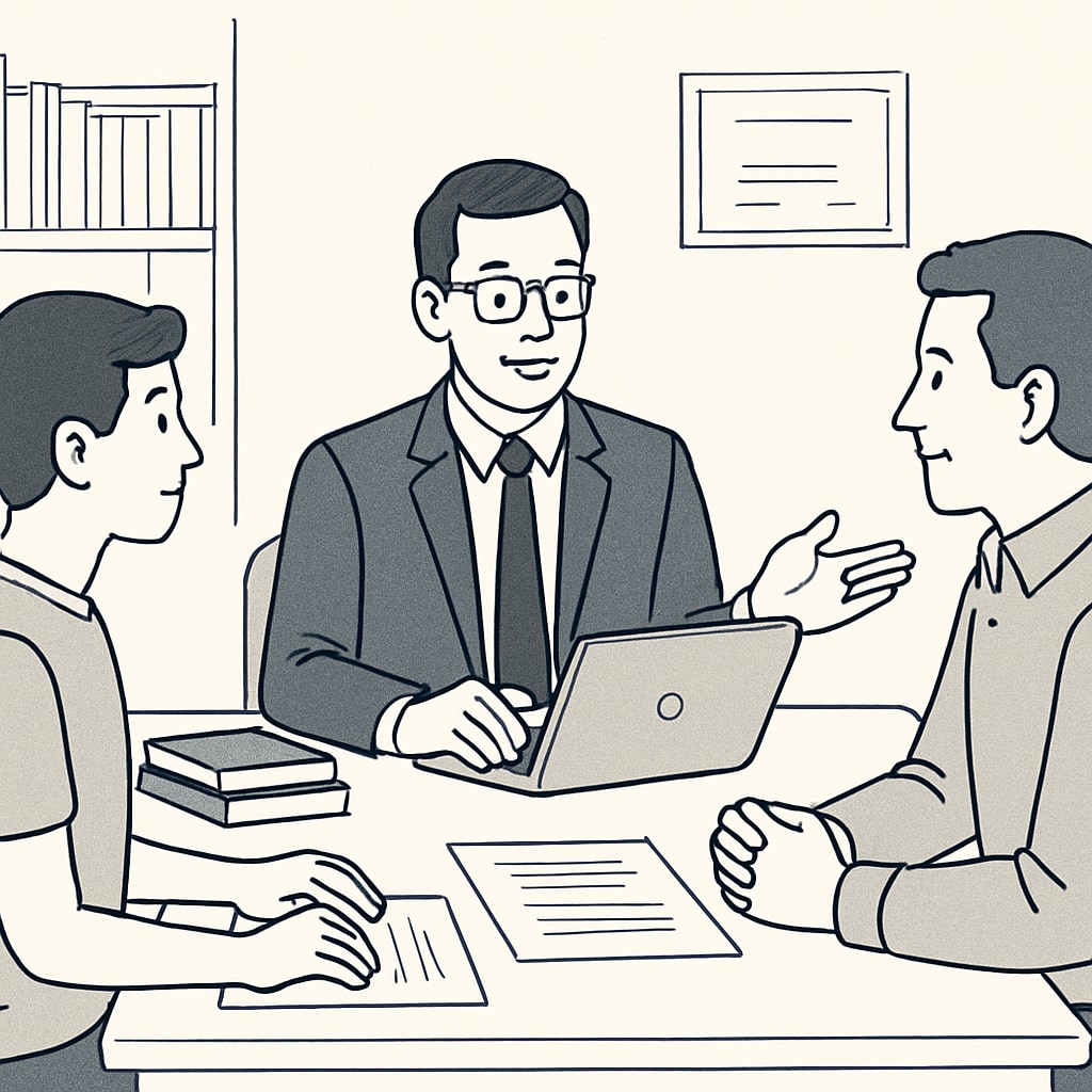 A consultant discussing application strategies with a student and their parent, representing professional agency support. Consultant advising a student on U.S. master’s application strategies.