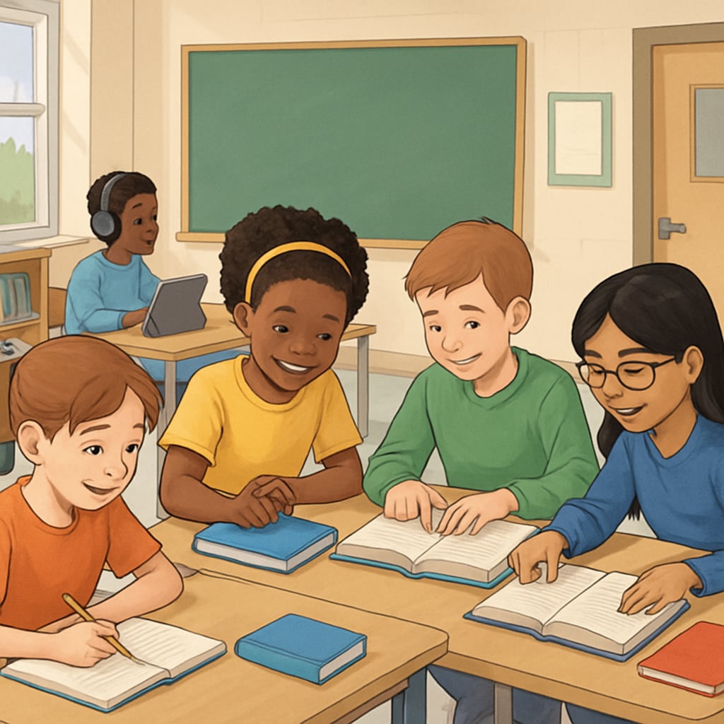A classroom setting where students with diverse learning styles collaborate effectively, showcasing inclusivity in education. Students with diverse learning styles working together in an inclusive classroom environment.