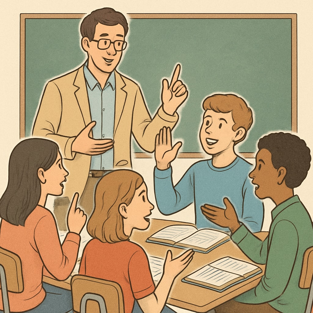 Classroom scene with a teacher facilitating critical thinking activities.
