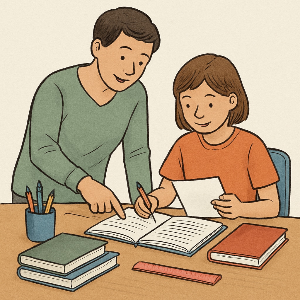 Parent assisting a child with ADHD in organizing school materials to enhance executive function.