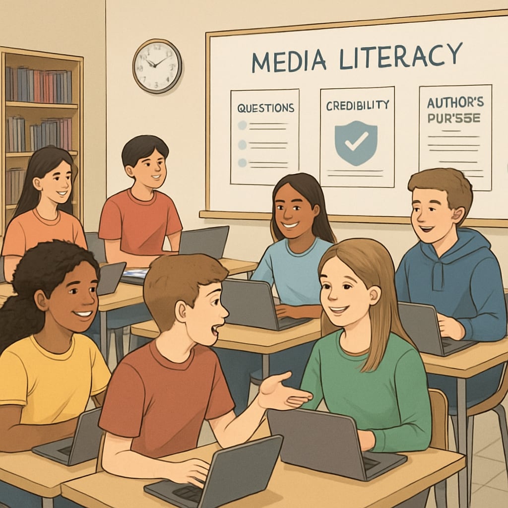 A classroom of high school students using laptops and discussing media literacy concepts. High school students learning media literacy with AI tools in a classroom setting.