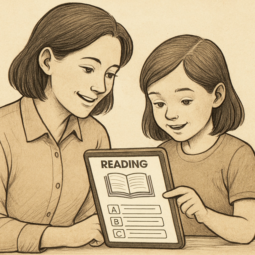 A parent and child interacting with a tablet, showcasing an educational reading app suitable for K12 students. Parent and child using a children’s reading app on an Android device.