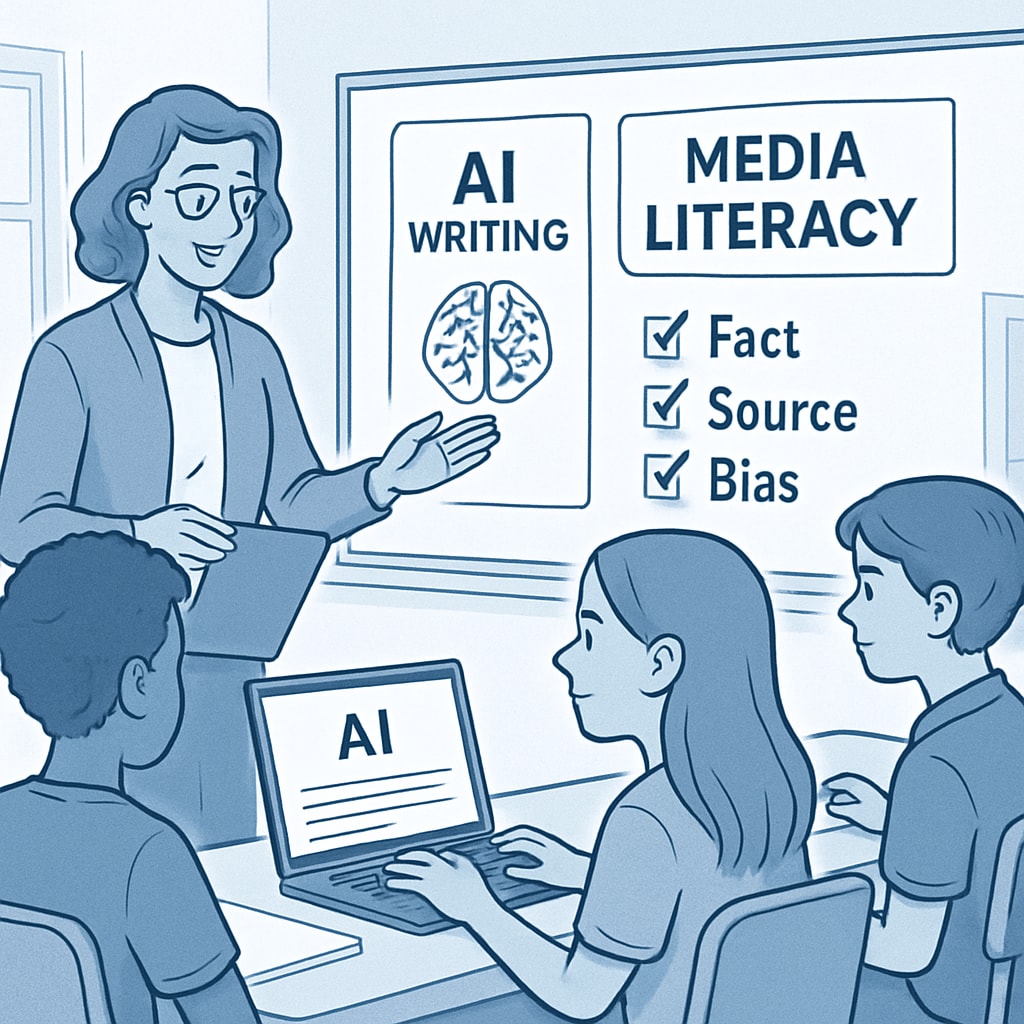 A teacher guiding students through an AI writing exercise on media literacy. A teacher assisting high school students with AI-based writing prompts for media literacy.