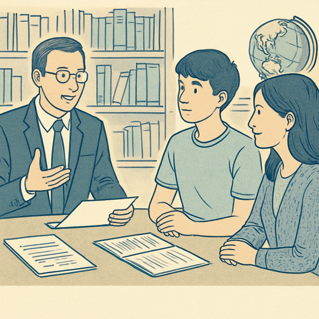 A professional consultant sitting with a student and parent, discussing study abroad options for U.S. master's programs. Study abroad agency consultation for U.S. master's programs