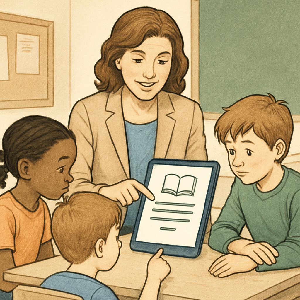 A teacher using a tablet to guide a group of students through an interactive reading activity. Teacher and students engaging with an Android reading app in a classroom setting.