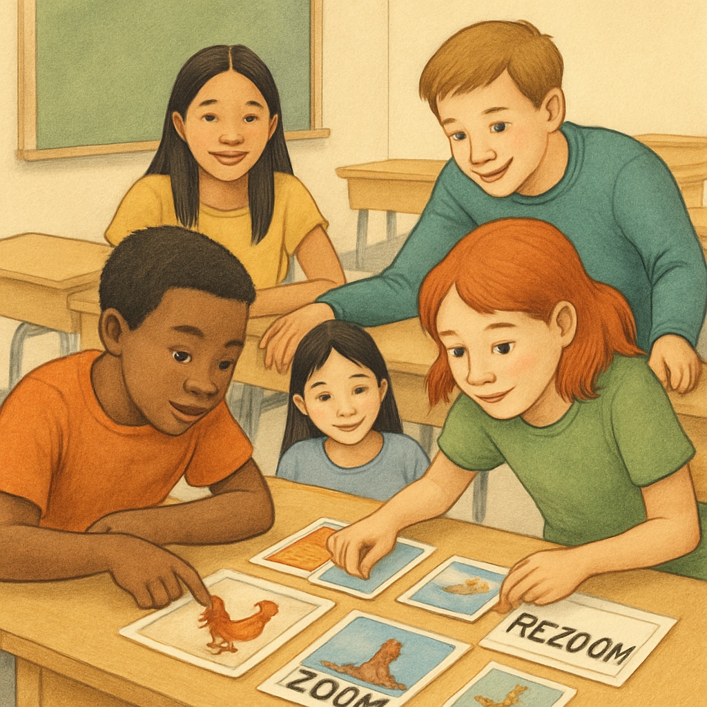 A classroom of students working together to sequence Zoom/ReZoom cards, demonstrating teamwork and engagement. Students engaging in a Zoom/ReZoom activity in a classroom setting.