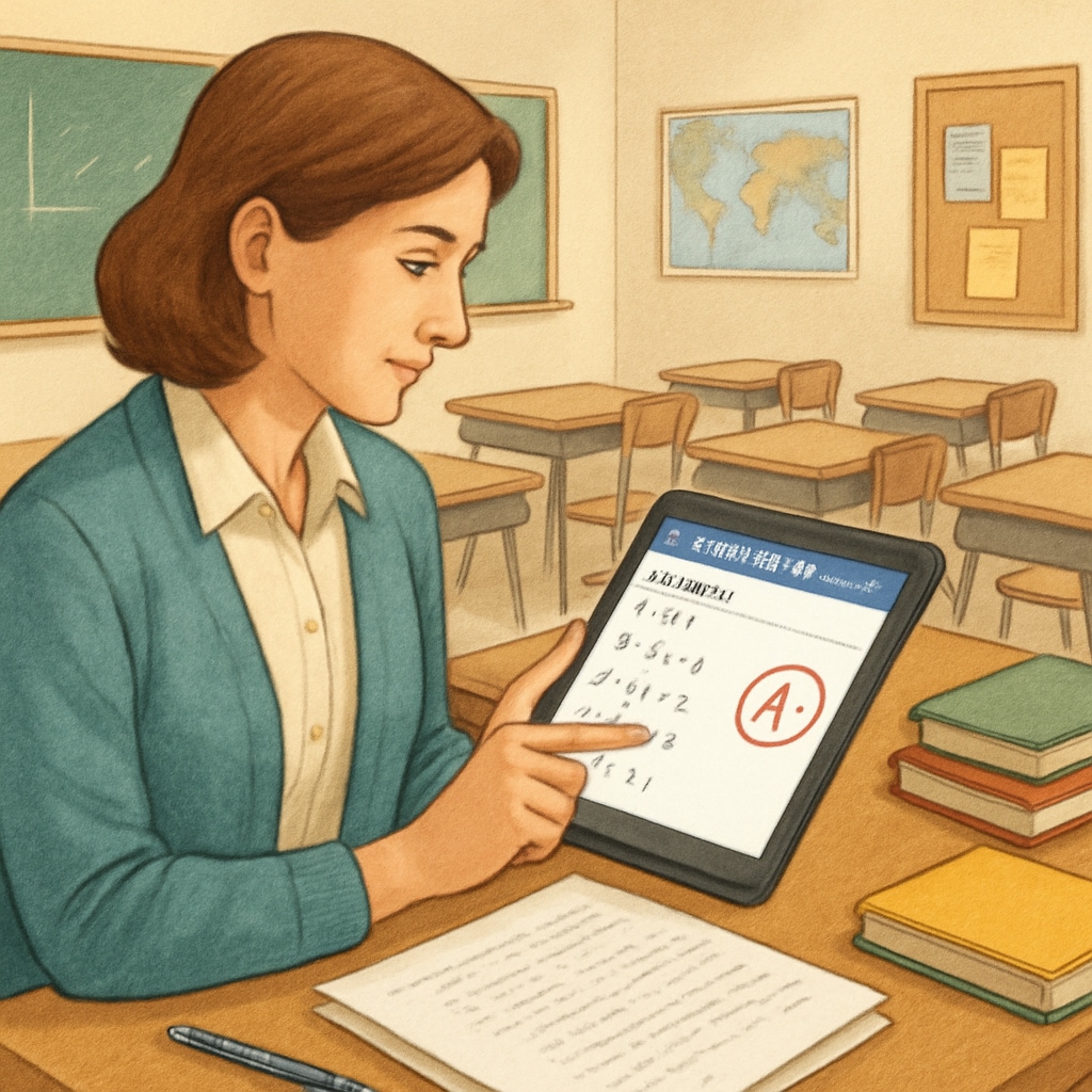 A teacher using EdChanger Pro on a tablet to grade assignments in a classroom setting. Teacher utilizing EdChanger Pro for grading assignments.
