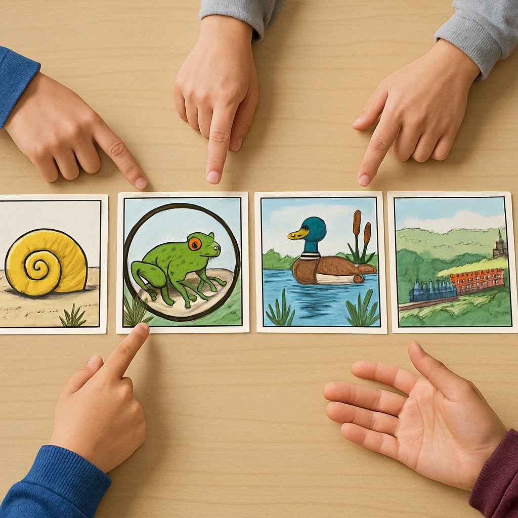 A set of Zoom/ReZoom cards laid out on a table, with students analyzing the images to determine the correct sequence. Zoom/ReZoom cards being arranged by students to form a complete story.