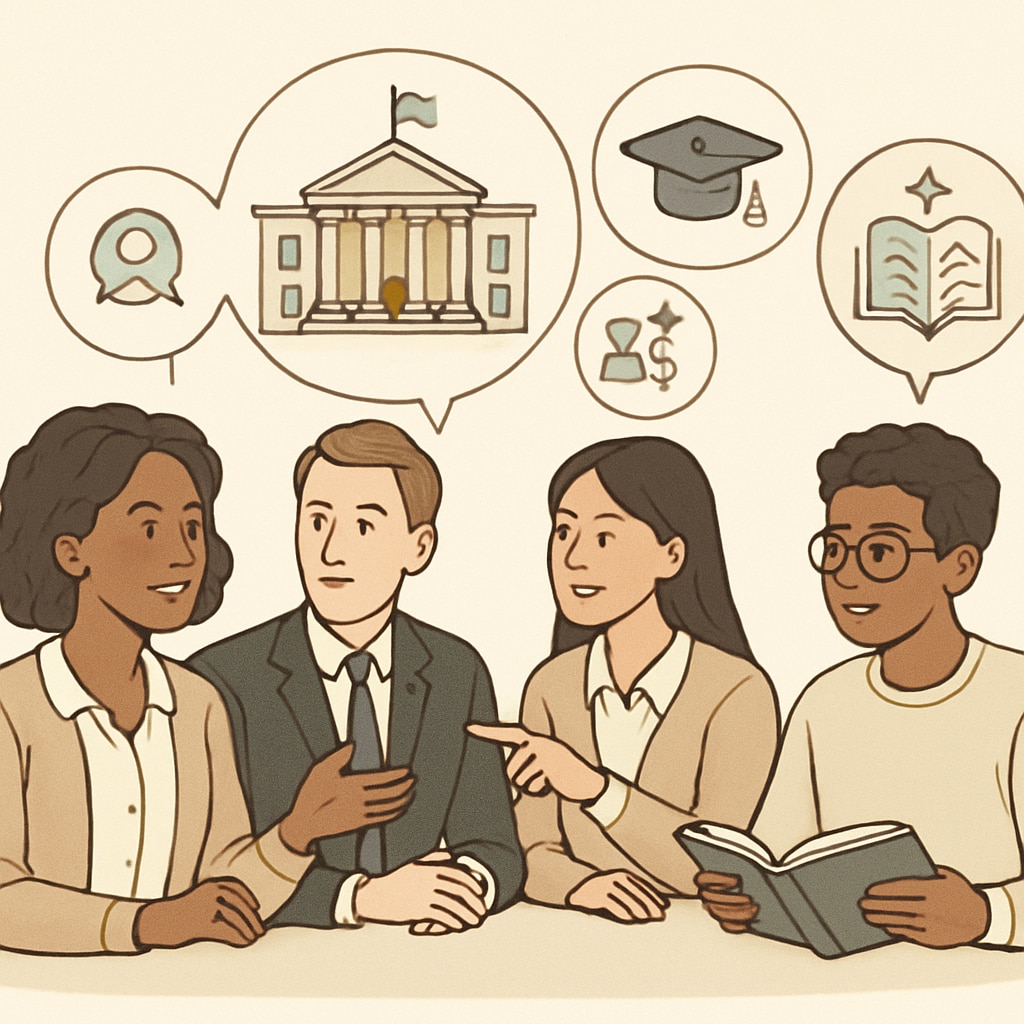 A diverse group of students discussing academic opportunities in a US university setting. Students discussing academic opportunities in a US university setting.