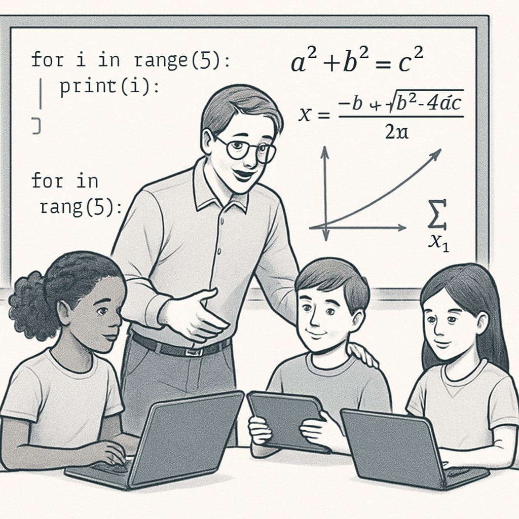 A teacher guiding students through a coding project that involves mathematical concepts. Teaching math through coding projects to enhance student motivation