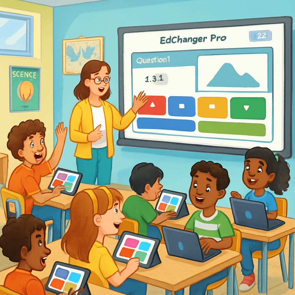 A vibrant classroom scene where students are actively participating in a digital quiz powered by EdChanger Pro. Students engaging in a digital quiz with EdChanger Pro.