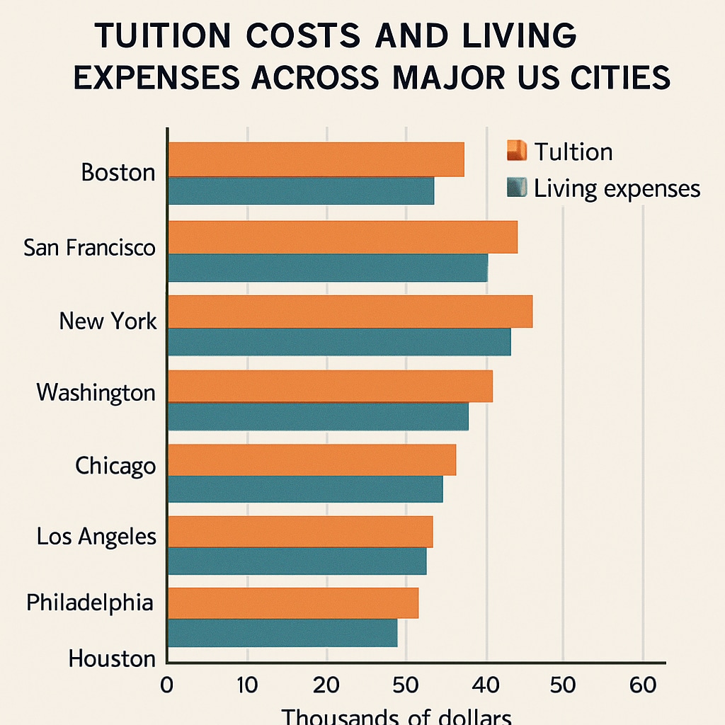 A chart comparing tuition costs and living expenses across major US cities. A chart showing tuition costs and living expenses for US universities.
