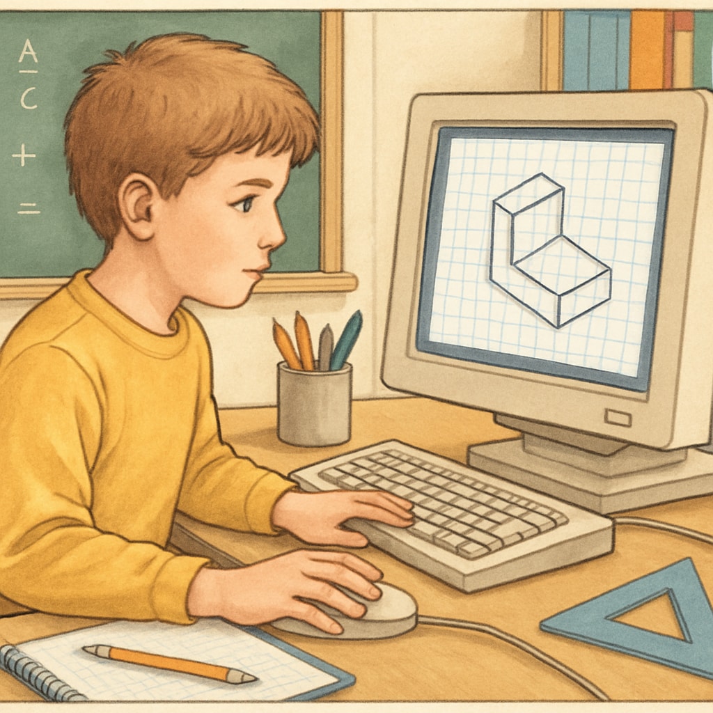 A young student working on a CAD (computer-aided design) program in a classroom setting, illustrating early exposure to design engineering tools. K12 student using CAD software, related to design engineering and career preparation.