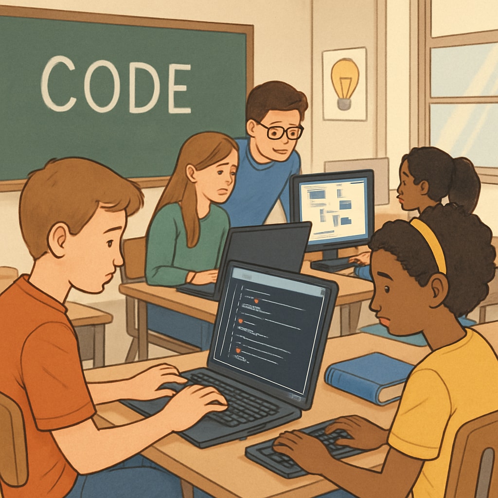 Students engaging in coding projects as part of an integrated CTE and traditional academic program.