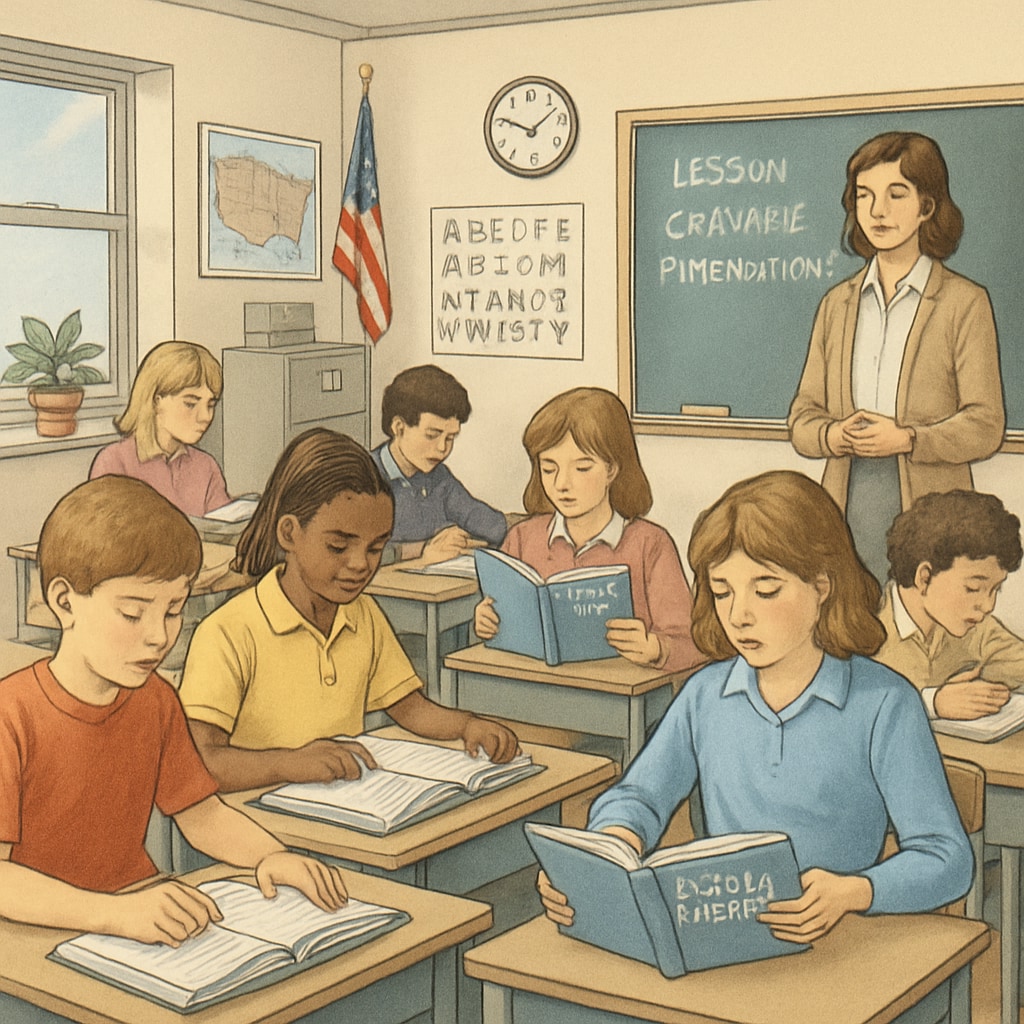 A classroom scene from the 1980s, showing students actively working with textbooks like A retro classroom with students using
