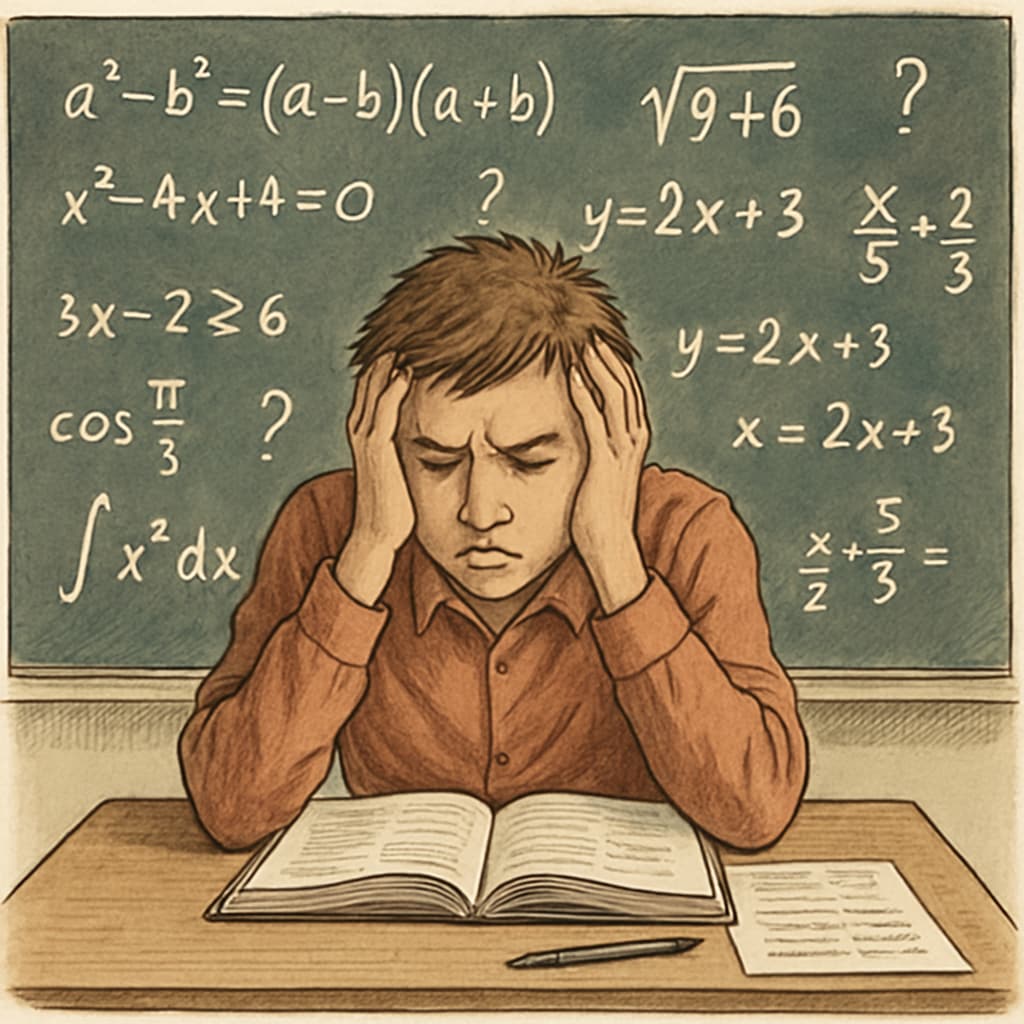 A high school student looking stressed in front of math problems, symbolizing math anxiety and exam stress. Stressed high school student with math problems showing math anxiety and exam stress.