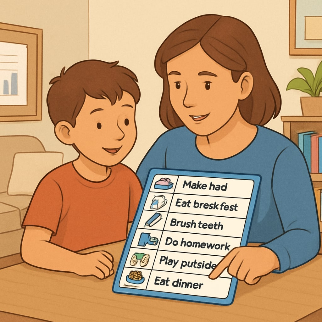 A parent and child using a visual schedule to organize daily tasks at home. Parent and child working on a visual schedule to enhance executive function skills in special needs education.