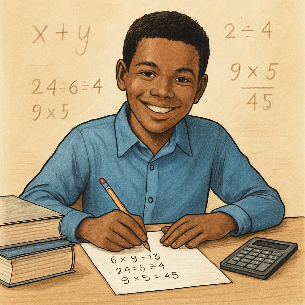 A confident student solving math problems with a smile, representing the achievement of overcoming math anxiety. Confident student solving math problems, symbolizing overcoming math anxiety and exam stress.
