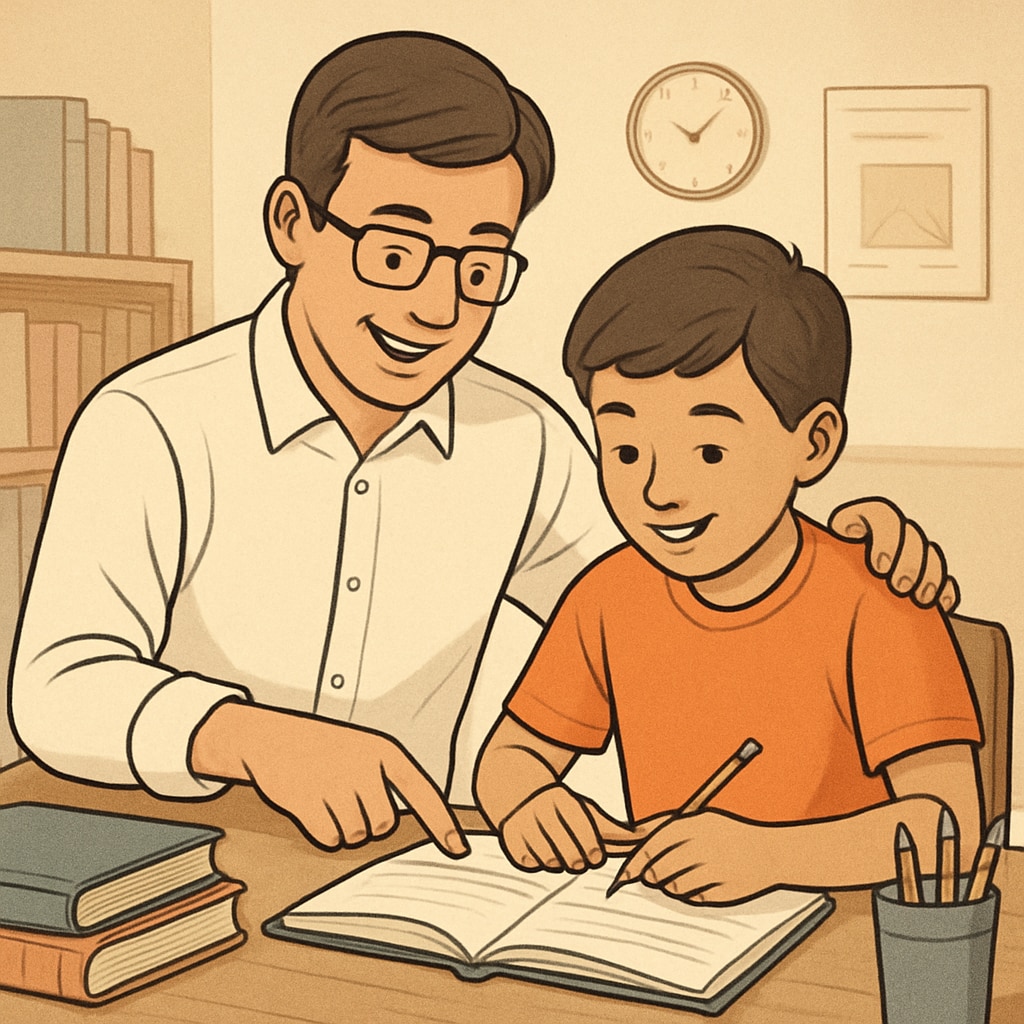 A family setting where a parent is helping their child complete a homework task, focusing on collaboration and encouragement. Parent supporting their child with homework to foster executive function and independence.