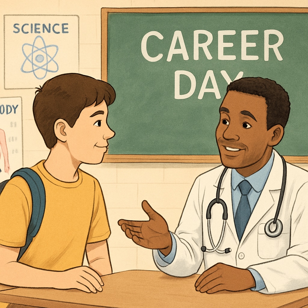 A student speaking to a doctor during a career day at school, symbolizing the importance of early career exploration. A student interviewing a doctor during a school career day to learn about the medical profession.