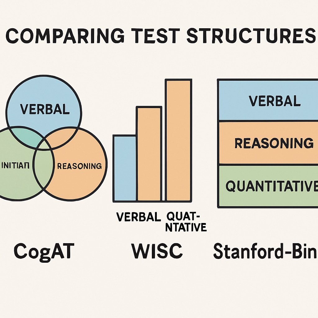 A visual comparison of CogAT, WISC, and Stanford-Binet test structures, highlighting verbal, quantitative, and reasoning abilities. Comparison of CogAT, WISC, and Stanford-Binet tests for gifted children assessment