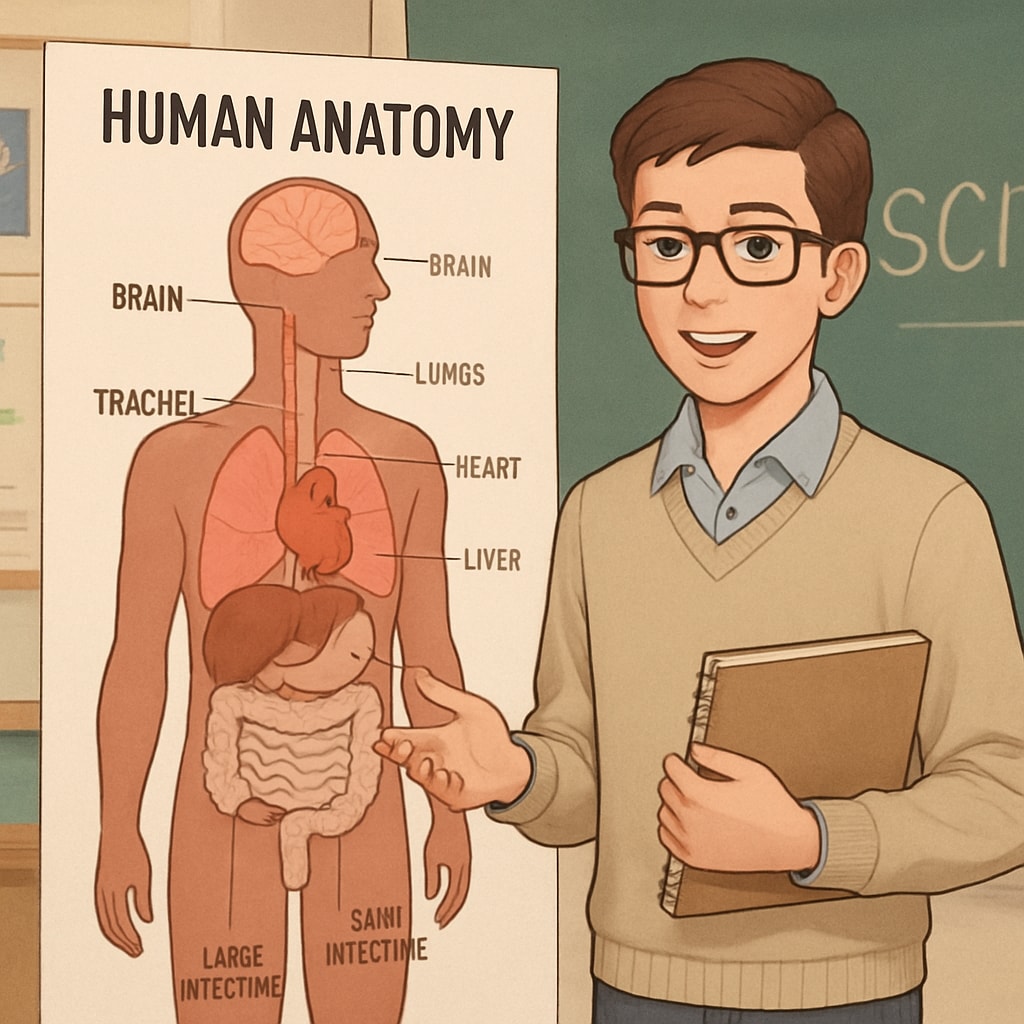 A high school student presenting a science project related to human anatomy, showcasing their interest in medicine. A high school student presenting a biology project on human anatomy during a science fair.