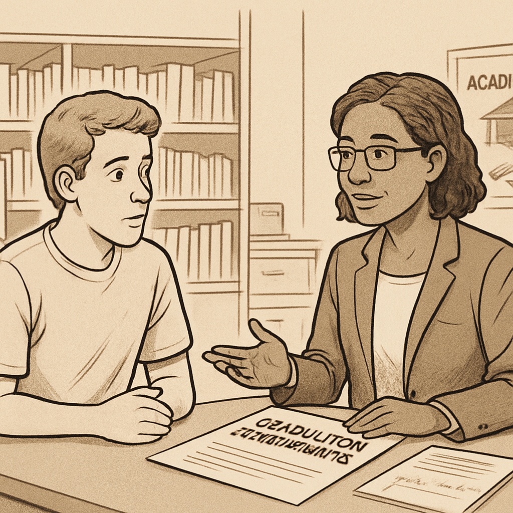 A student discussing graduation requirements with a school counselor in an academic office. High school student consulting a counselor about credit recovery plans.