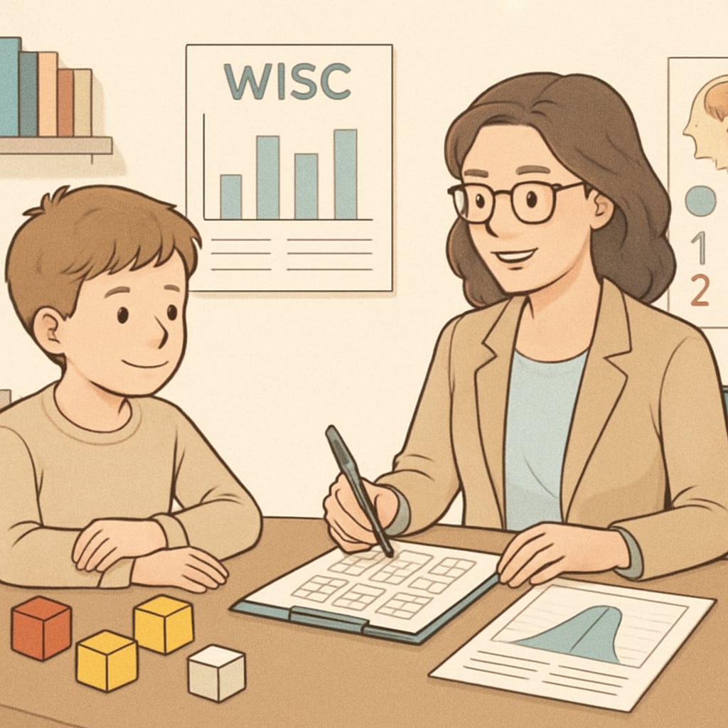 A child sitting with a psychologist during a WISC assessment, with test materials and charts visible. WISC test administration for evaluating gifted children’s cognitive abilities