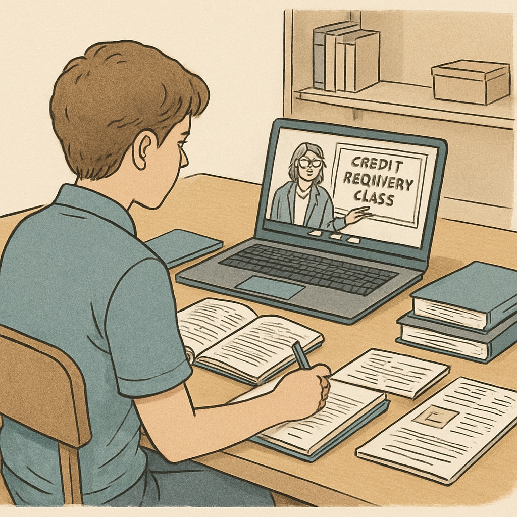 A high school student attending an online credit recovery class on a laptop, with notes and study materials spread out on the table. Student participating in an online credit recovery course to earn missing credits.