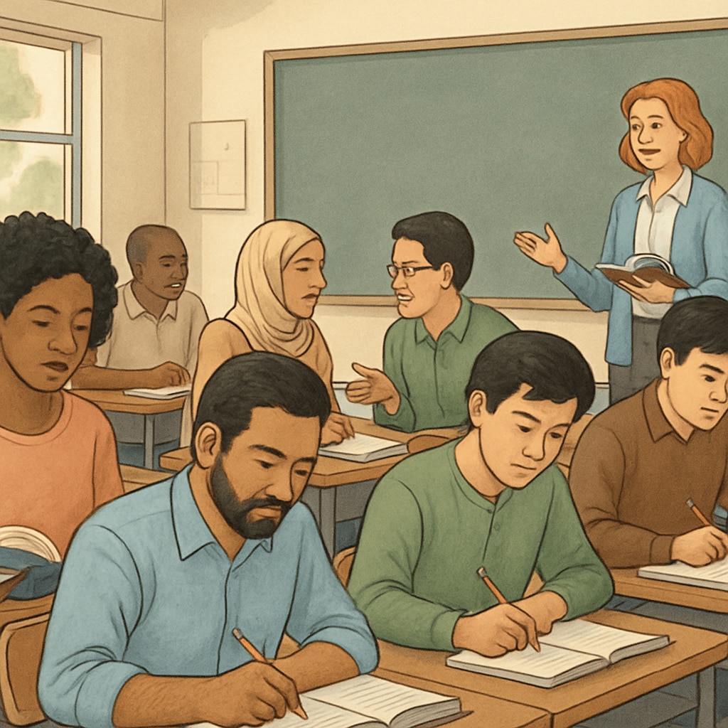 A classroom of adult international students engaged in a foundational learning course. Adult education class for international students focusing on foundational knowledge.