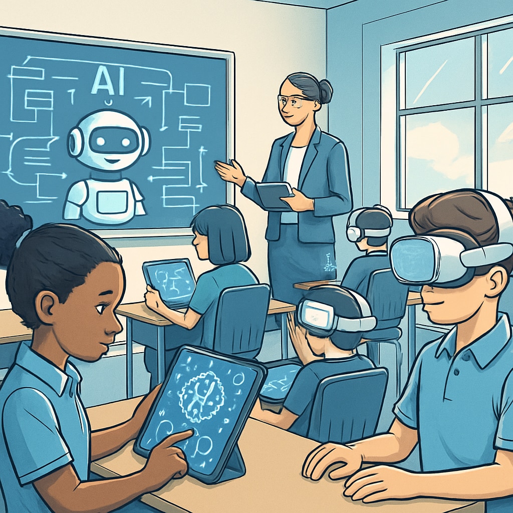 A futuristic classroom with students using AI-powered tablets and virtual reality headsets to learn. This image illustrates the role of AI in creating immersive learning environments. Students in a futuristic AI-driven classroom using tablets and VR headsets.