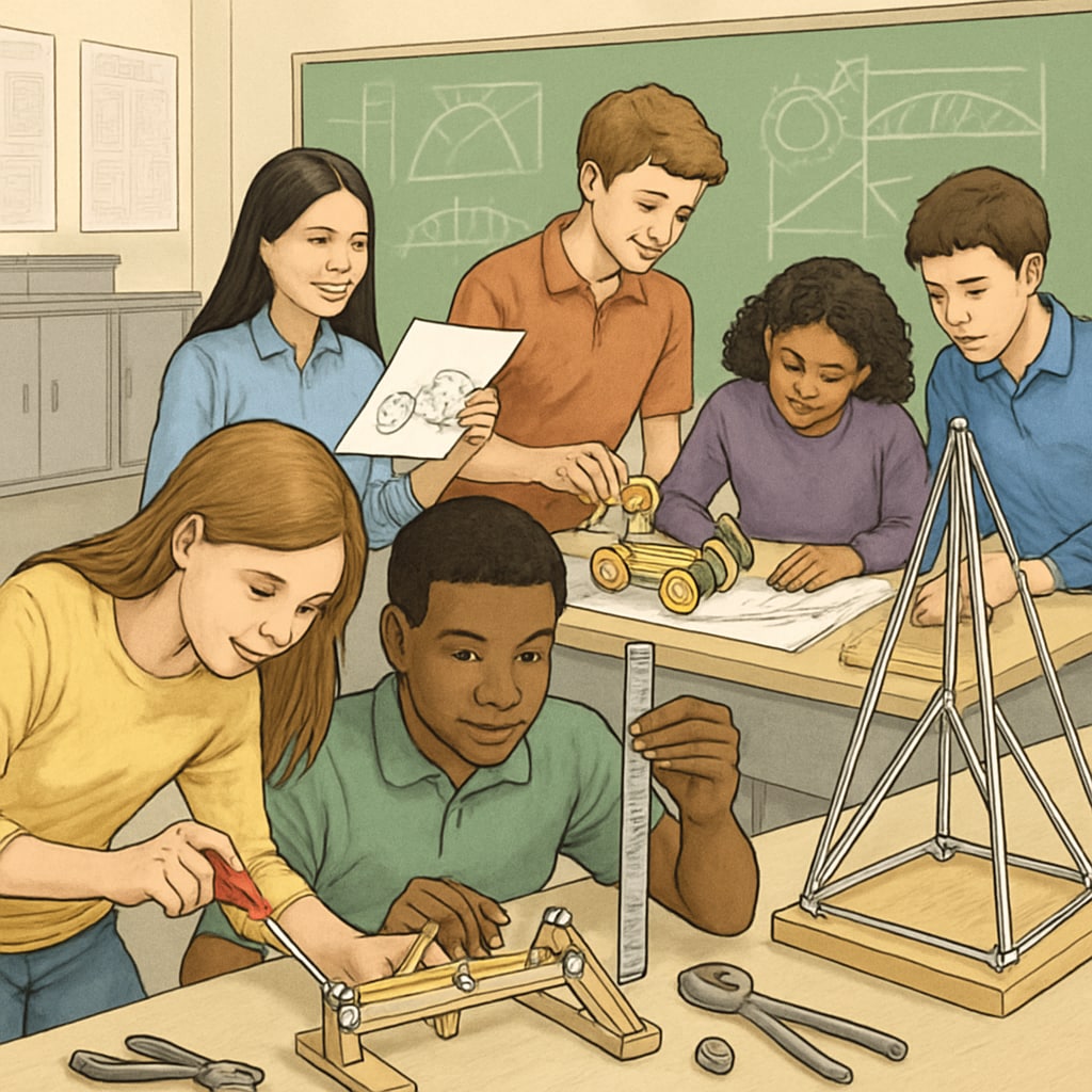 A classroom of high school students engaging in a hands-on engineering design project, showcasing collaboration and innovation. High school students working on an engineering design project.