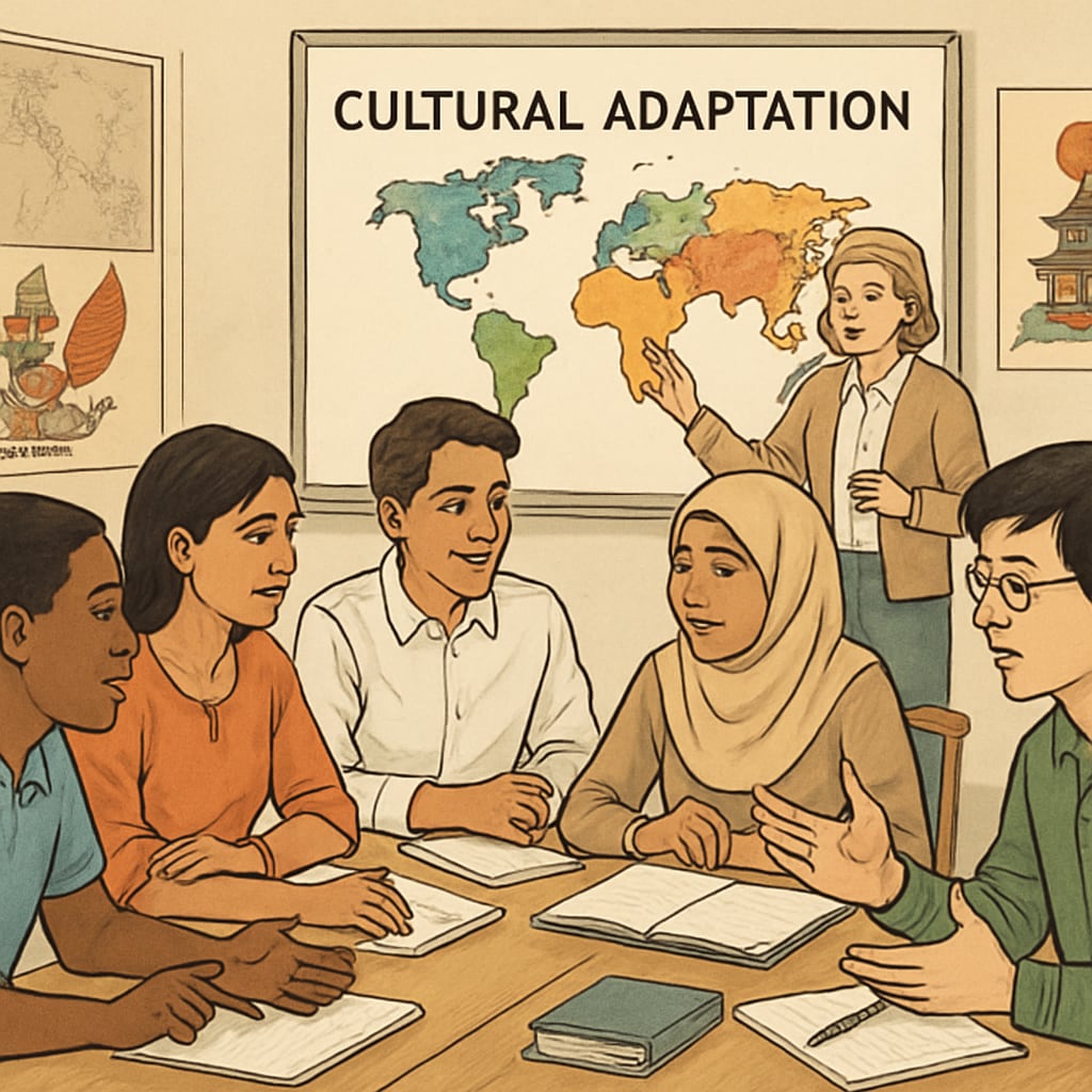 Students of diverse backgrounds participating in an interactive cultural adaptation workshop. Cultural adaptation workshop for international students in a foundational course.