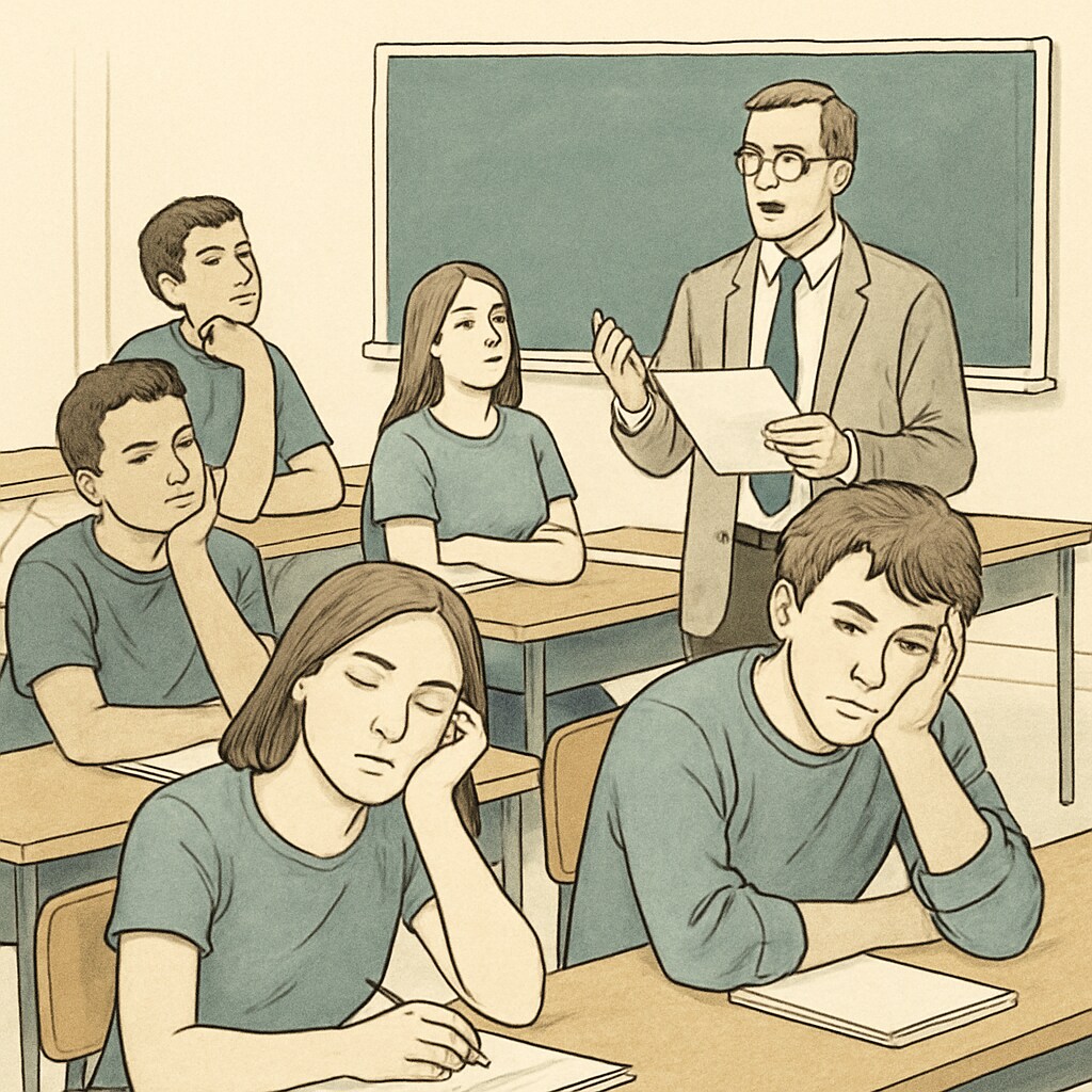 A classroom with disengaged students, showing varying levels of disinterest during a lecture Students in a classroom appearing disengaged, illustrating boredom in education