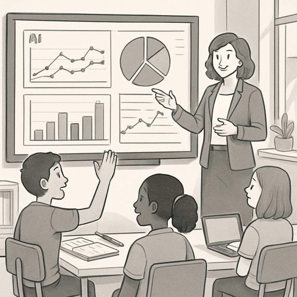 A teacher collaborating with students using AI-driven analytics displayed on a large smartboard. This visual emphasizes how AI supports teachers in a modern classroom environment. Teacher using AI analytics on a smartboard to engage with students.
