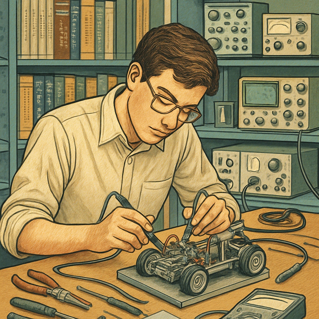 A university engineering student working on a prototype in a lab setting, illustrating the practical application of advanced education. University student building an engineering prototype in a lab.