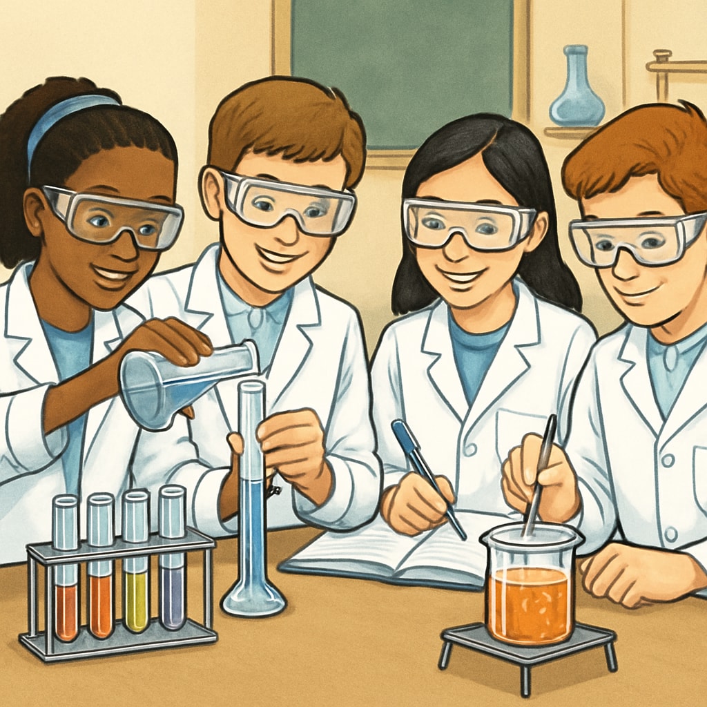A group of students actively participating in a hands-on science experiment Students engaged in a science experiment, demonstrating active learning in K12 education