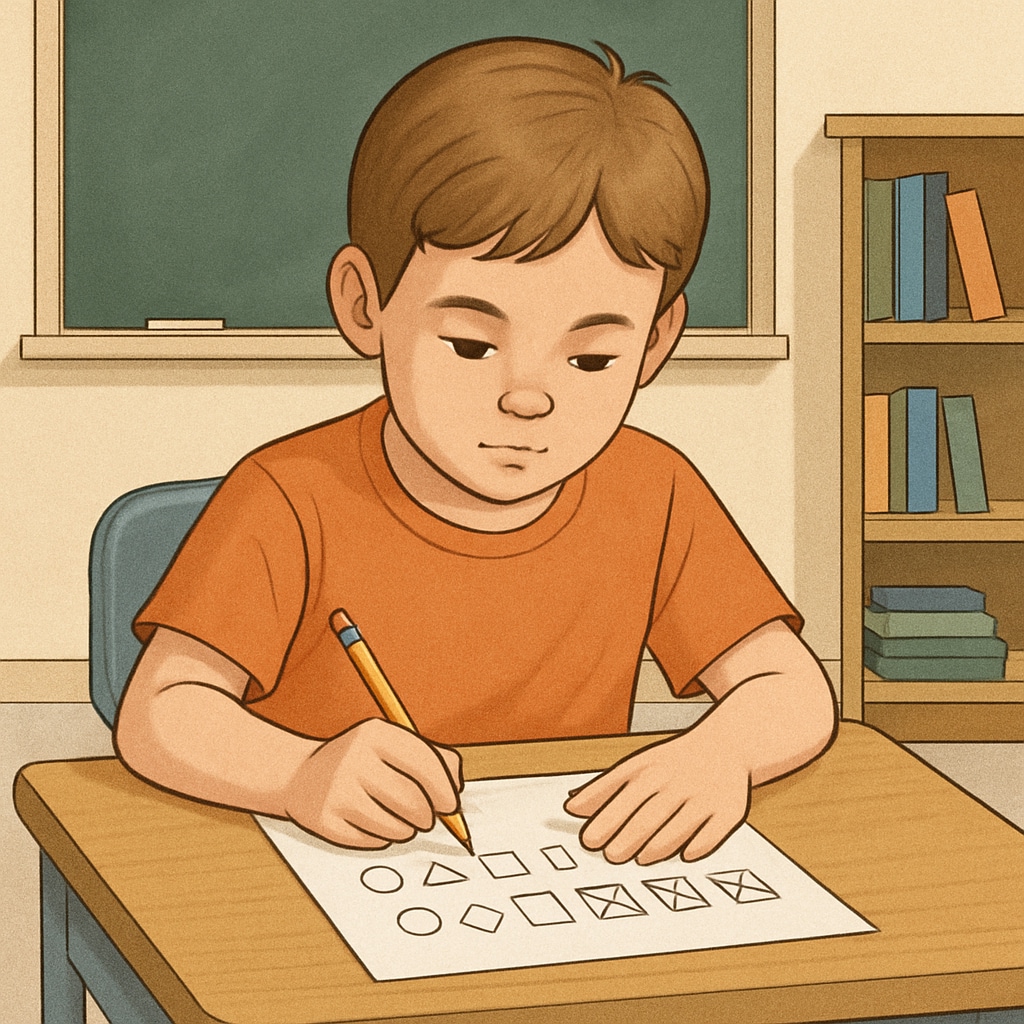 A child in a classroom setting taking an intelligence test, with a focus on their engagement and concentration. Gifted child taking an intelligence test in a classroom setting.