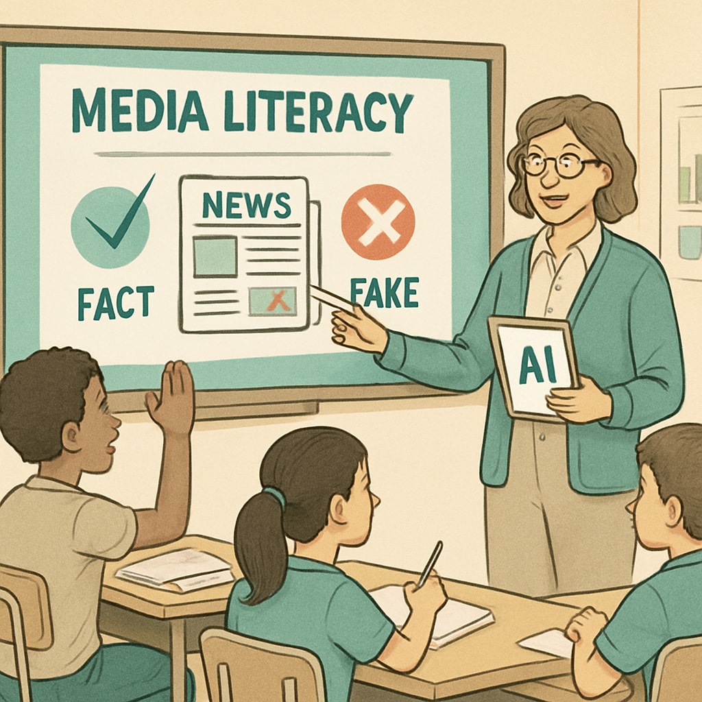 A classroom setting where a teacher uses AI-powered tools to teach media literacy. AI-powered media literacy teaching tools in a classroom environment