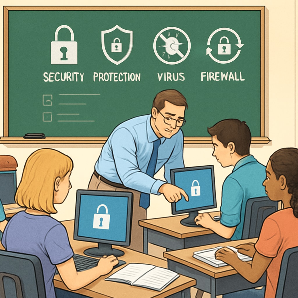 A classroom of high school students learning about cybersecurity concepts, with a teacher guiding them through a hands-on activity. High school students learning about cybersecurity as part of K12 education