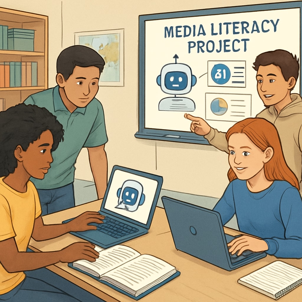Students working collaboratively with AI tools on a media literacy project in a classroom. Students collaborating on a media literacy project using AI tools
