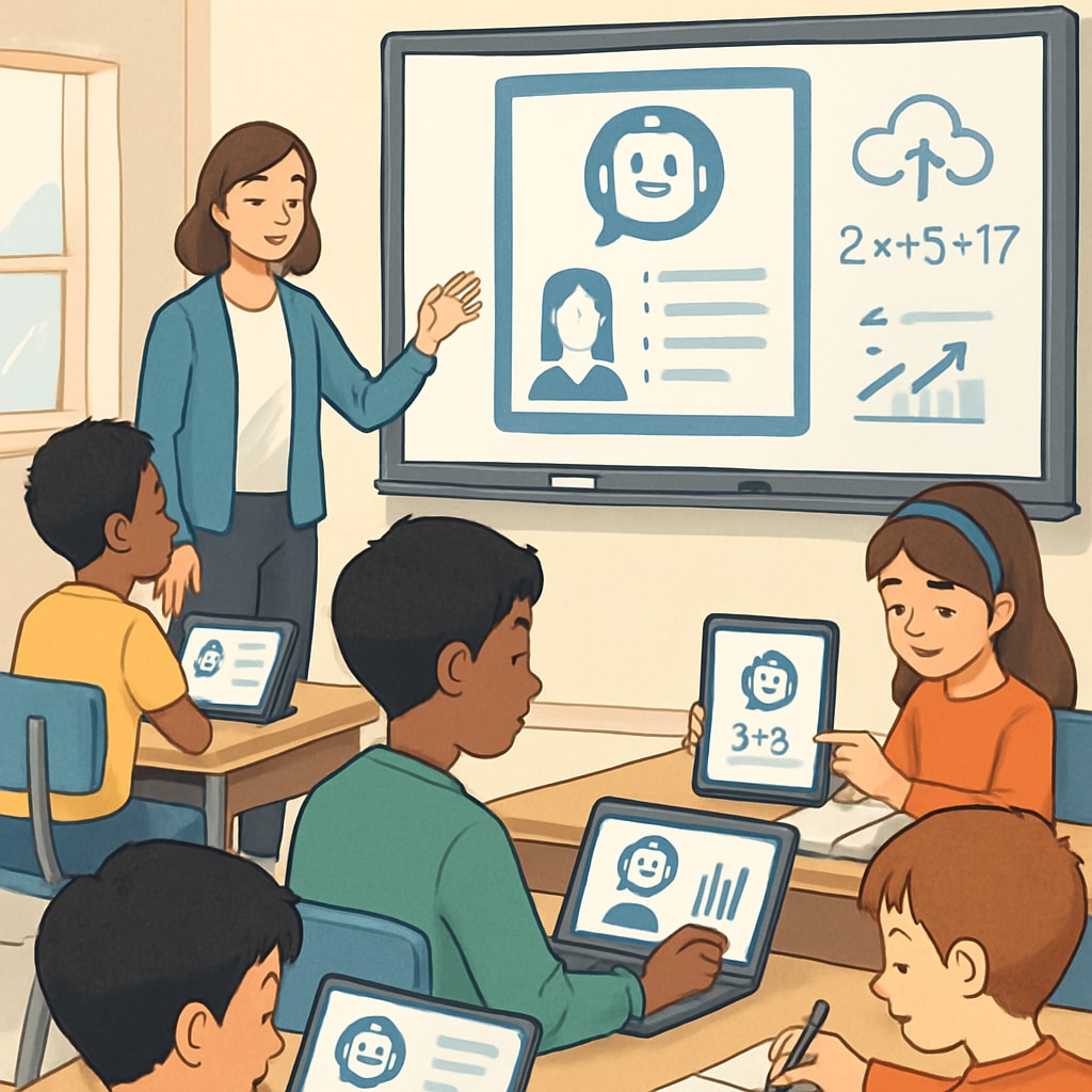 A classroom setting where students interact with AI-powered educational tools, showcasing personalized learning in action. Students engaging with AI-powered tools in a classroom