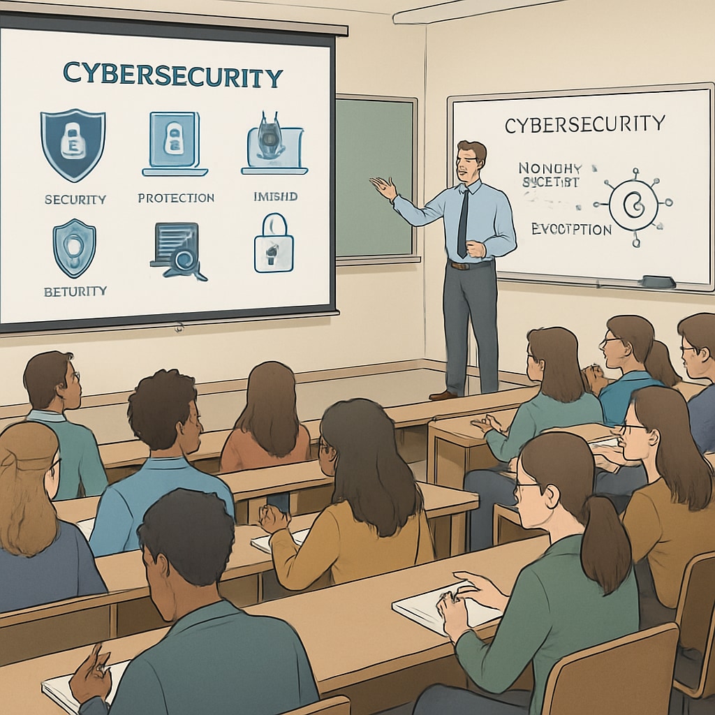 A university lecture hall with students attending a cybersecurity seminar, showcasing the integration of theory and practice. University students attending a cybersecurity seminar