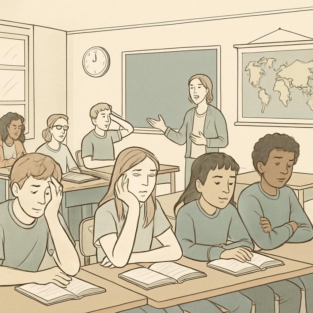 A classroom setting with disengaged students, showing students looking uninterested or distracted during a lecture. Students appearing bored and disengaged in a classroom environment