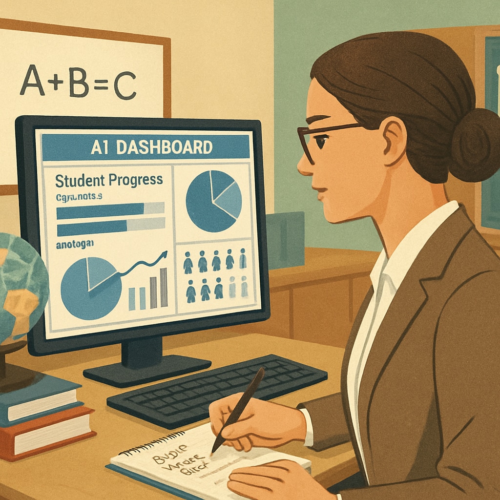 A teacher using an AI-powered dashboard to monitor student progress and tailor lesson plans. Teacher utilizing AI dashboard for education planning