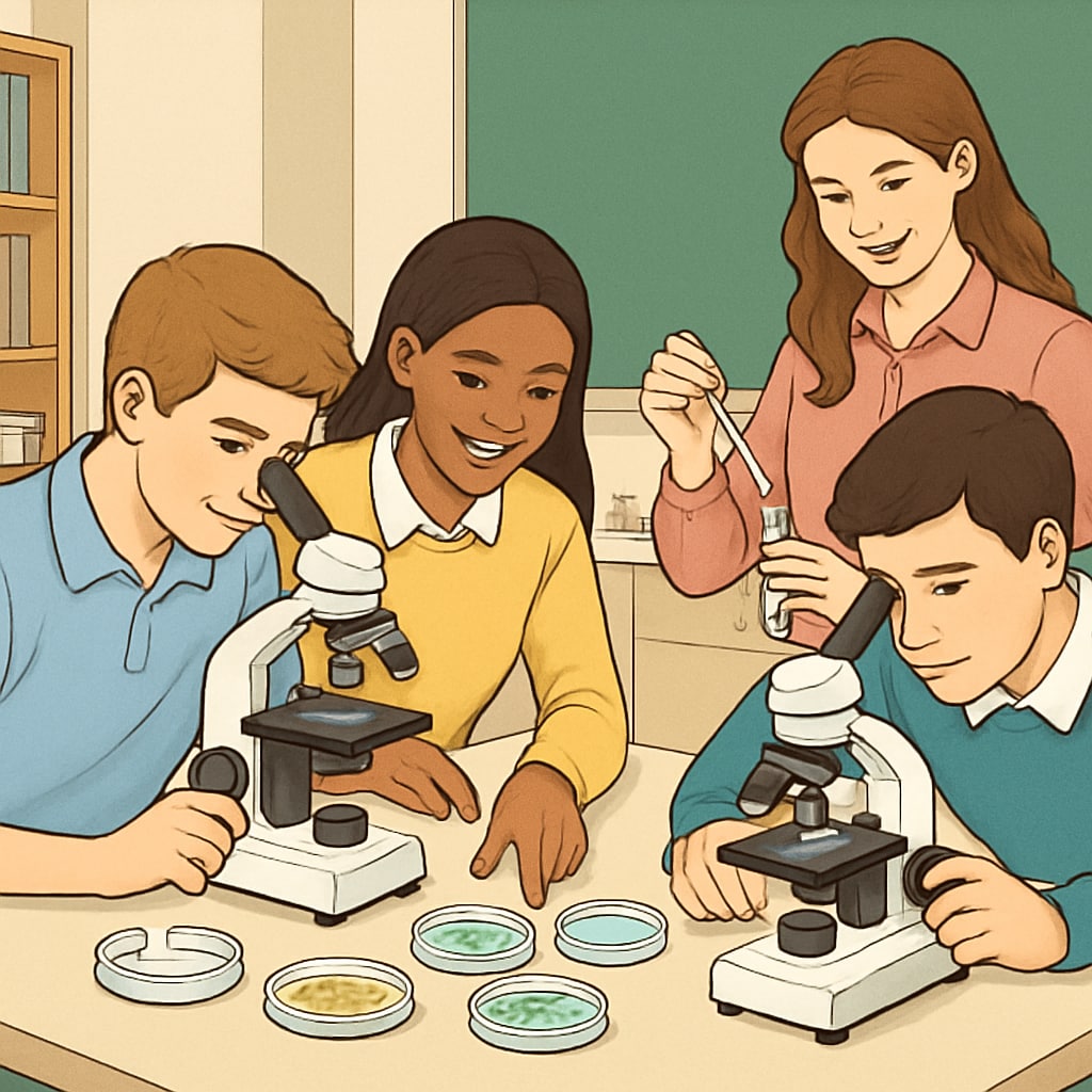 A group of high school students engaging in a science experiment to learn about biology, representing foundational preparation for medical careers. High school students learning biology for medical career preparation