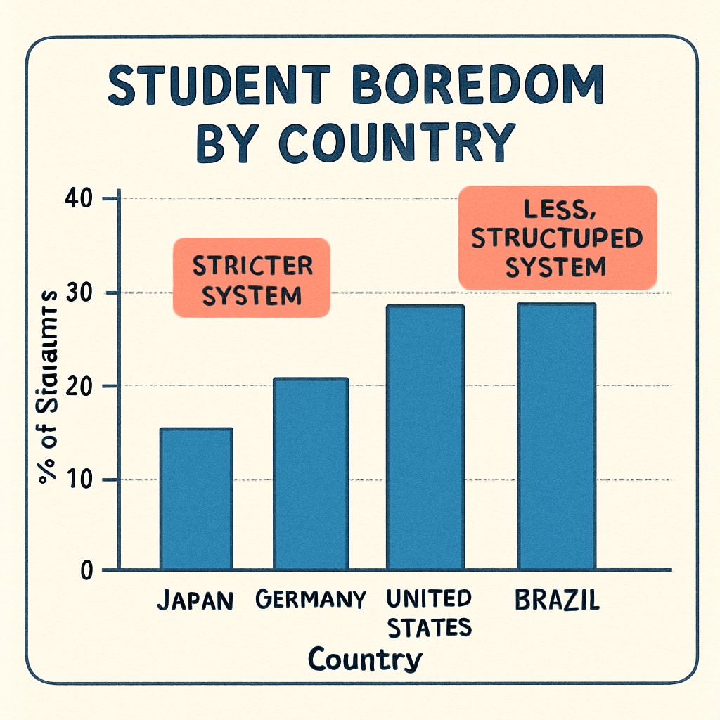 A graph or chart showing statistics on the prevalence of student boredom across countries, highlighting differences in educational systems. Graph showing global statistics on student boredom in K12 education