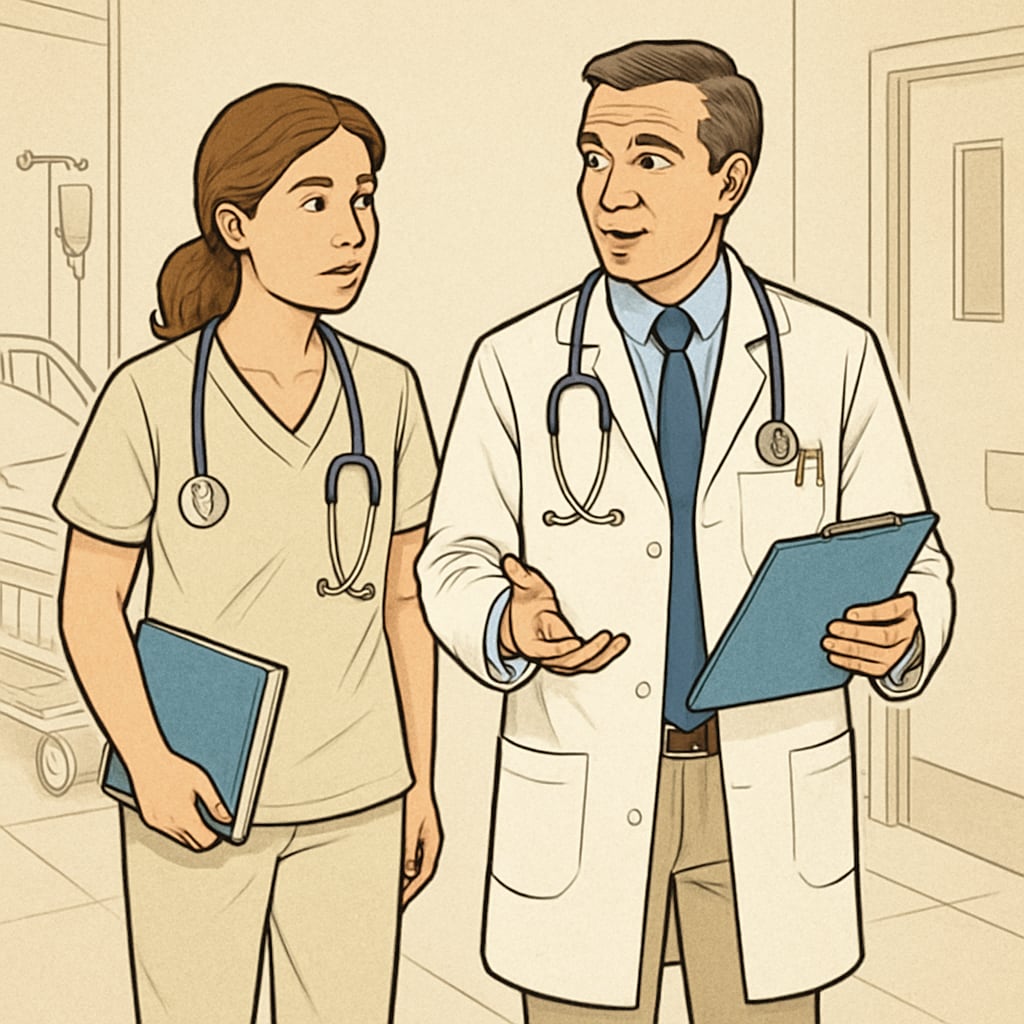 A student shadowing a doctor in a hospital setting, symbolizing real-world exposure to medical careers. A student shadowing a doctor to understand medical career pathways