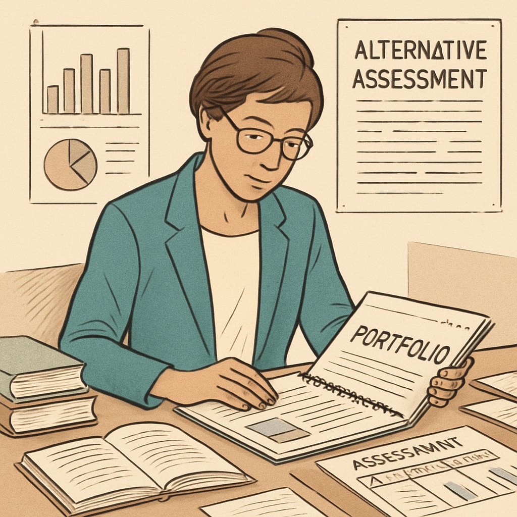 A teacher examining a student portfolio, highlighting dynamic learning evaluation methods.